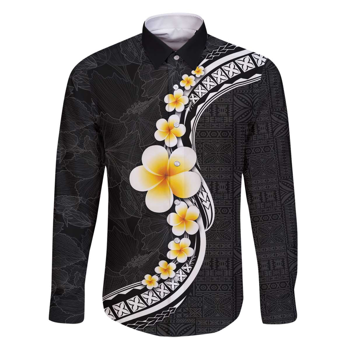 Pacific Hibiscus and Plumeria with Tapa Pattern Family Matching Puletasi and Hawaiian Shirt Black Color LT03 Dad's Shirt - Long Sleeve Black - Polynesian Pride