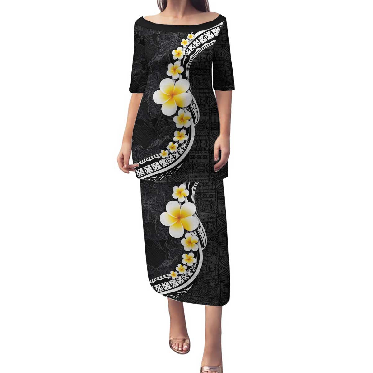 Pacific Hibiscus and Plumeria with Tapa Pattern Family Matching Puletasi and Hawaiian Shirt Black Color LT03 Mom's Dress Black - Polynesian Pride