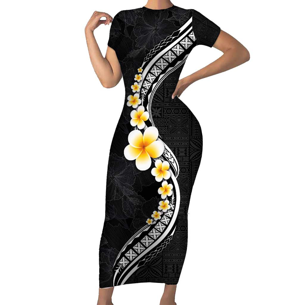 Pacific Hibiscus and Plumeria with Tapa Pattern Family Matching Short Sleeve Bodycon Dress and Hawaiian Shirt Black Color LT03 Mom's Dress Black - Polynesian Pride