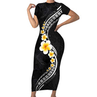 Pacific Hibiscus and Plumeria with Tapa Pattern Family Matching Short Sleeve Bodycon Dress and Hawaiian Shirt Black Color LT03 Mom's Dress Black - Polynesian Pride