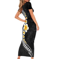Pacific Hibiscus and Plumeria with Tapa Pattern Family Matching Short Sleeve Bodycon Dress and Hawaiian Shirt Black Color LT03 - Polynesian Pride