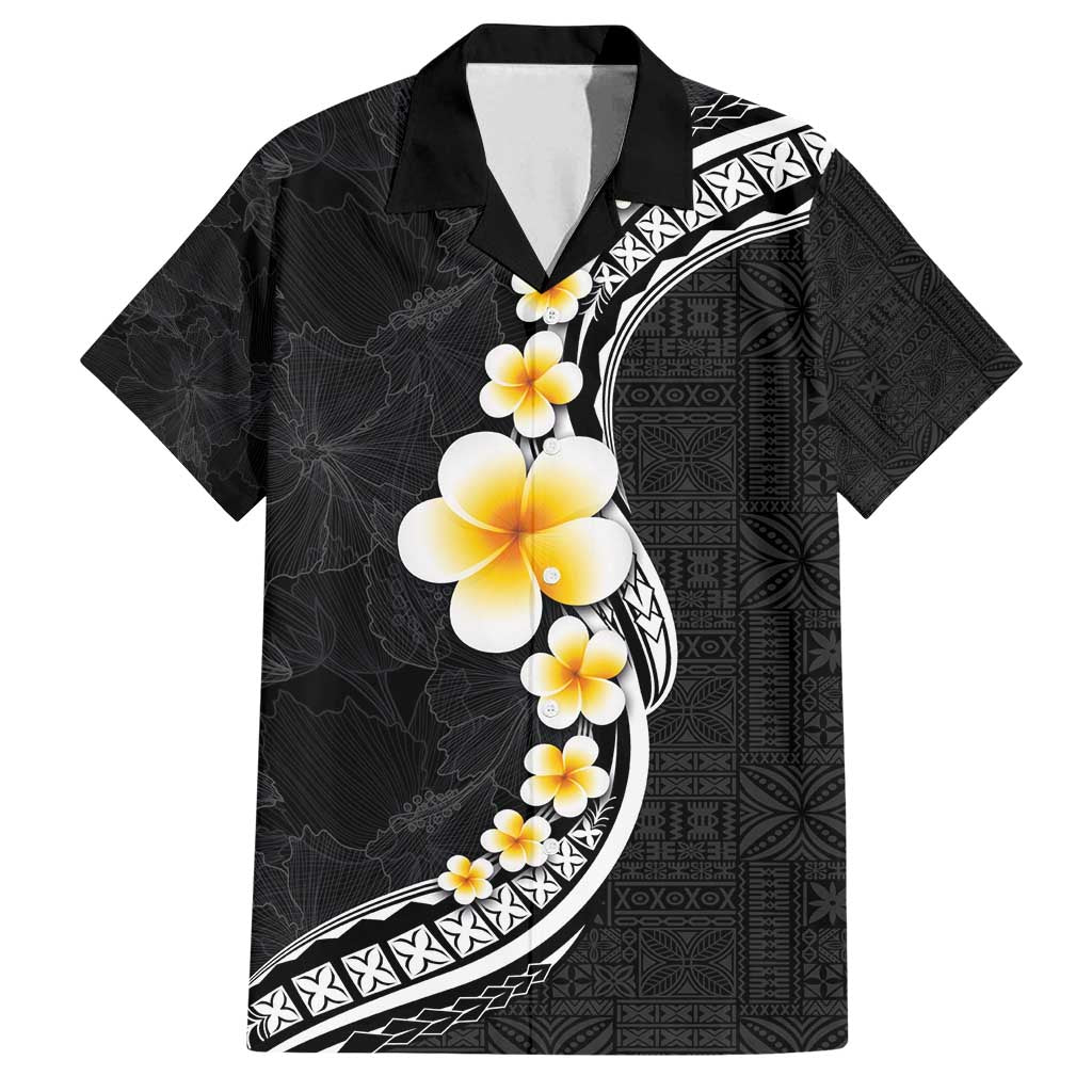 Pacific Hibiscus and Plumeria with Tapa Pattern Family Matching Summer Maxi Dress and Hawaiian Shirt Black Color LT03 Dad's Shirt - Short Sleeve Black - Polynesian Pride