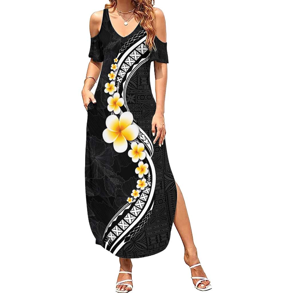 Pacific Hibiscus and Plumeria with Tapa Pattern Family Matching Summer Maxi Dress and Hawaiian Shirt Black Color LT03 Mom's Dress Black - Polynesian Pride