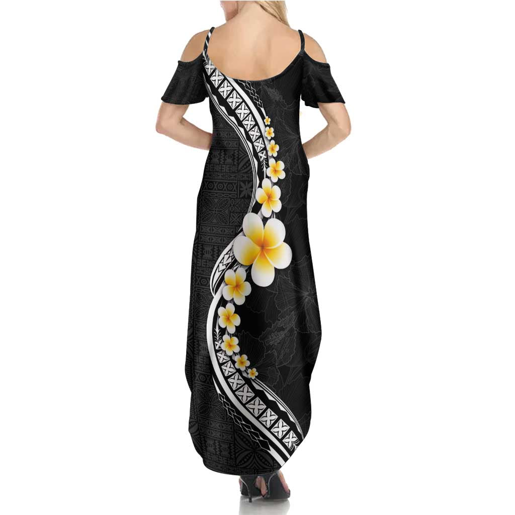 Pacific Hibiscus and Plumeria with Tapa Pattern Family Matching Summer Maxi Dress and Hawaiian Shirt Black Color LT03 - Polynesian Pride
