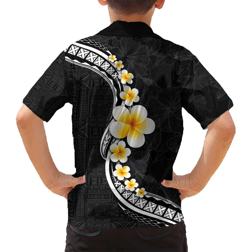 Pacific Hibiscus and Plumeria with Tapa Pattern Family Matching Tank Maxi Dress and Hawaiian Shirt Black Color LT03 - Polynesian Pride