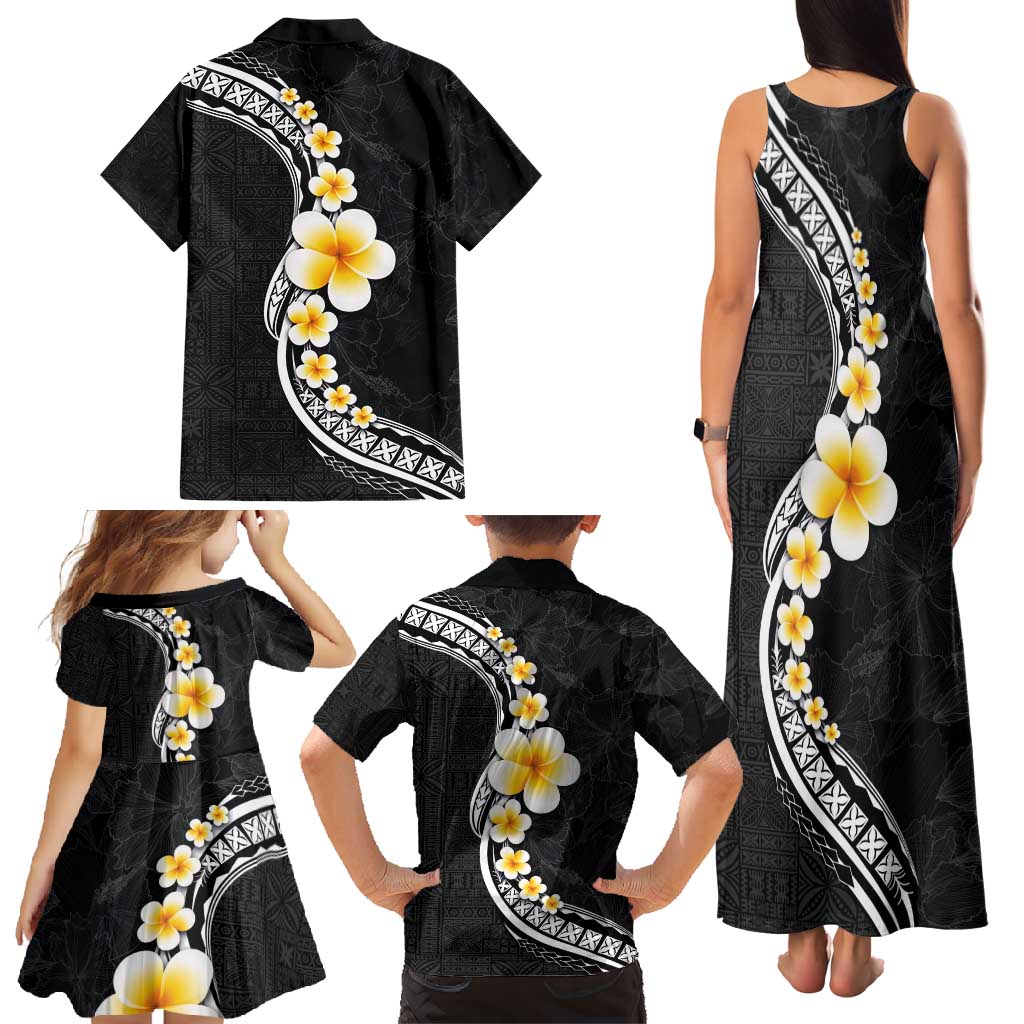 Pacific Hibiscus and Plumeria with Tapa Pattern Family Matching Tank Maxi Dress and Hawaiian Shirt Black Color LT03 - Polynesian Pride