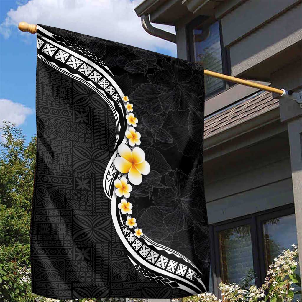 Pacific Hibiscus and Plumeria with Tapa Pattern Garden Flag Black Color LT03 - Polynesian Pride