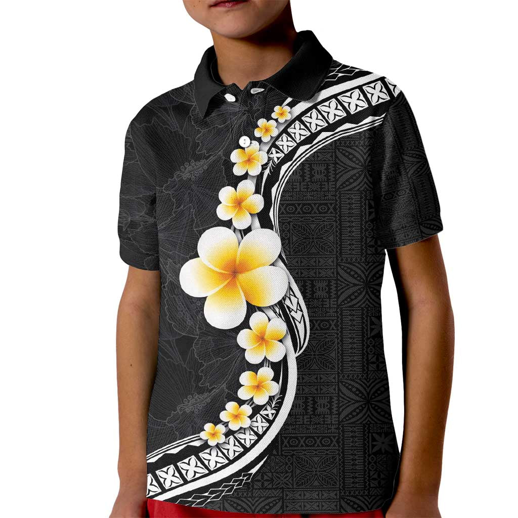 Pacific Hibiscus and Plumeria with Tapa Pattern Kid Polo Shirt Black Color LT03 Kid Black - Polynesian Pride