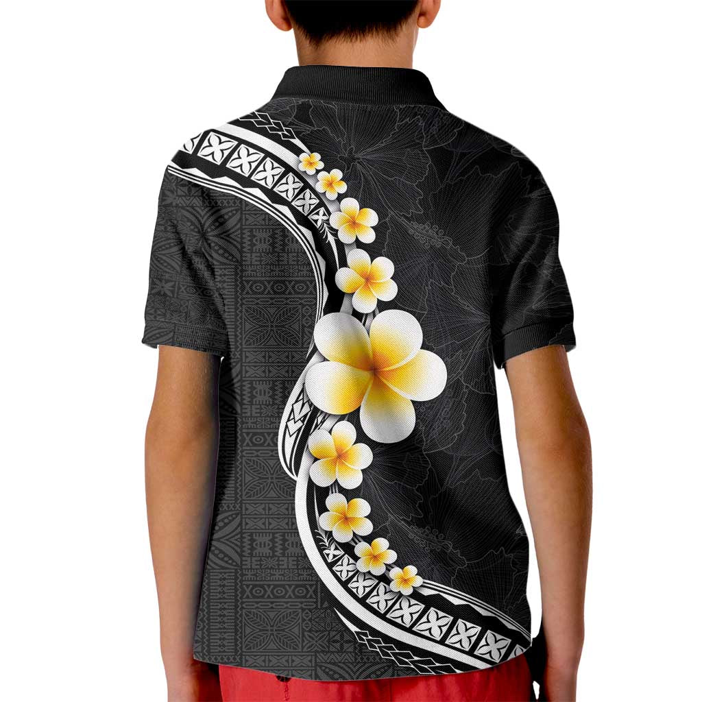 Pacific Hibiscus and Plumeria with Tapa Pattern Kid Polo Shirt Black Color LT03 - Polynesian Pride
