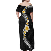Pacific Hibiscus and Plumeria with Tapa Pattern Off Shoulder Maxi Dress Black Color
