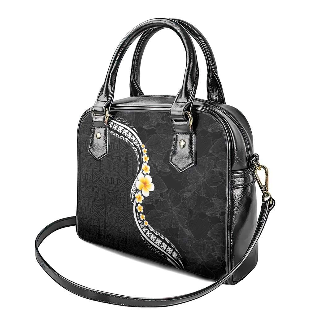 Pacific Hibiscus and Plumeria with Tapa Pattern Shoulder Handbag Black Color