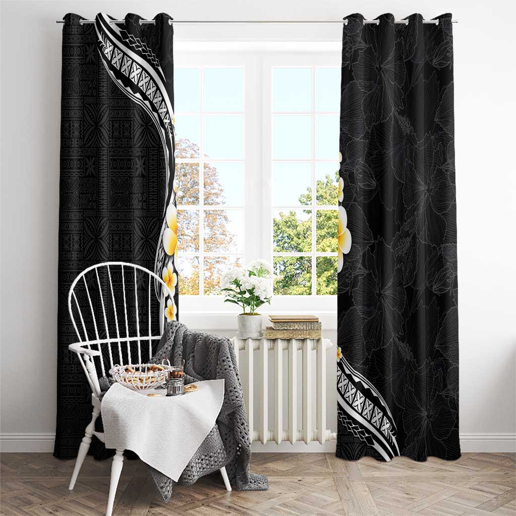 Pacific Hibiscus and Plumeria with Tapa Pattern Window Curtain Black Color LT03 - Polynesian Pride