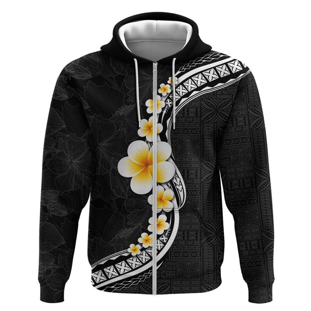 Pacific Hibiscus and Plumeria with Tapa Pattern Zip Hoodie Black Color LT03 Zip Hoodie Black - Polynesian Pride