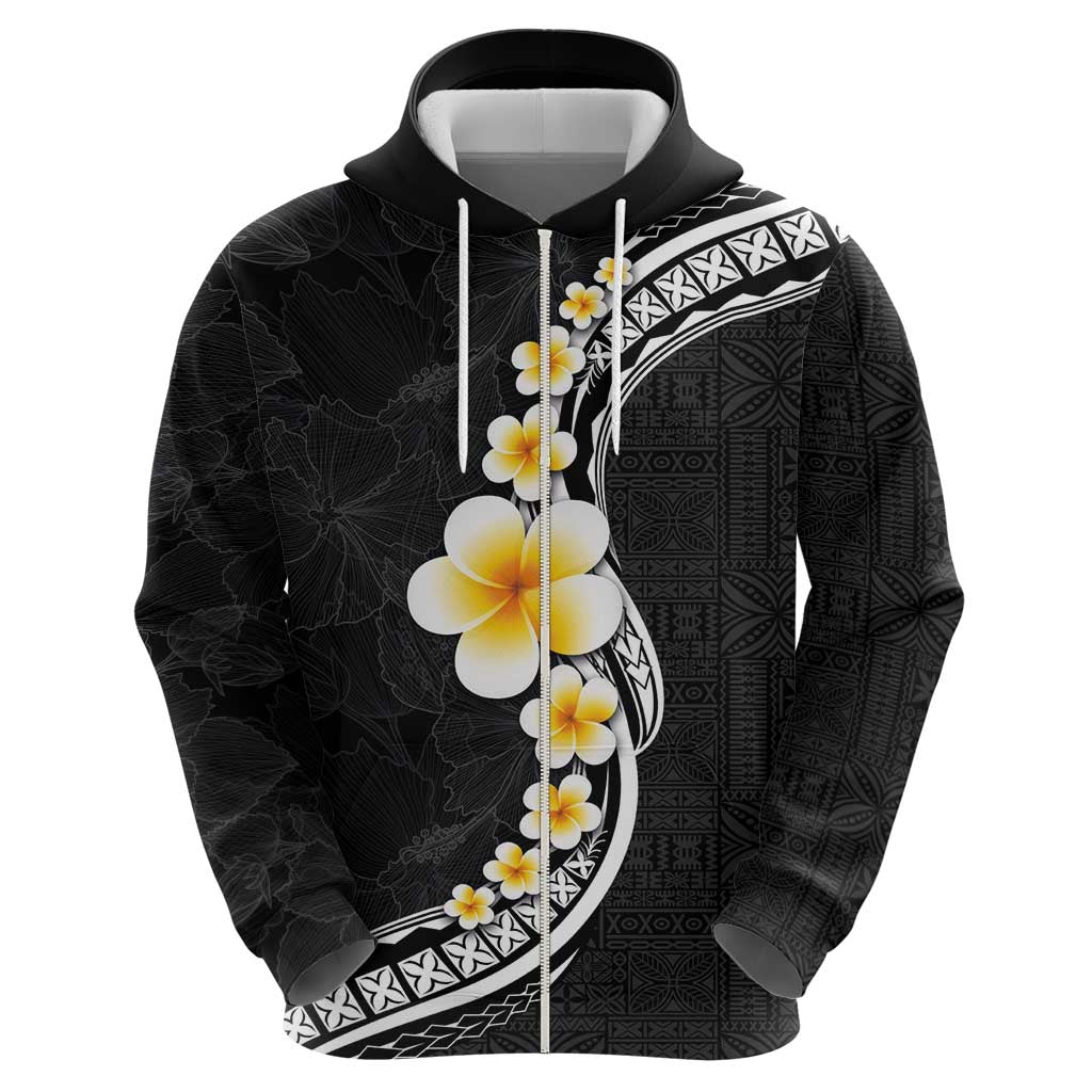 Pacific Hibiscus and Plumeria with Tapa Pattern Zip Hoodie Black Color LT03 - Polynesian Pride