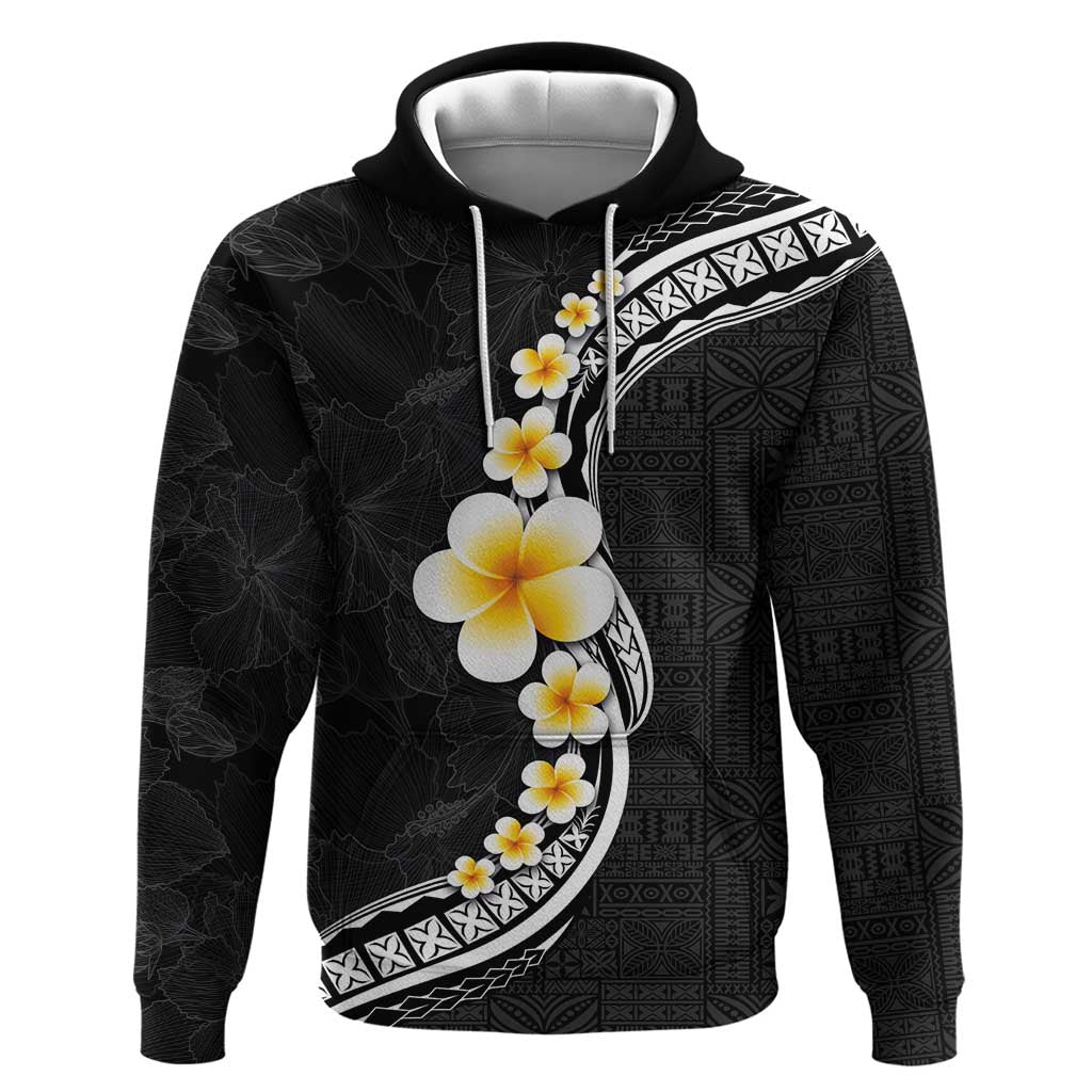 Pacific Hibiscus and Plumeria with Tapa Pattern Zip Hoodie Black Color LT03 Pullover Hoodie Black - Polynesian Pride