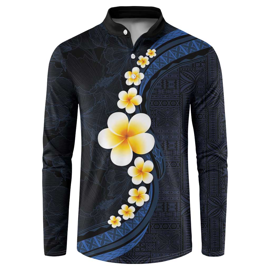 Pacific Hibiscus and Plumeria with Tapa Pattern Button Sweatshirt Dark Blue Color