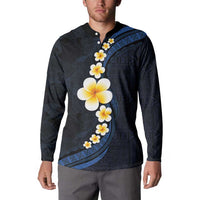Pacific Hibiscus and Plumeria with Tapa Pattern Button Sweatshirt Dark Blue Color