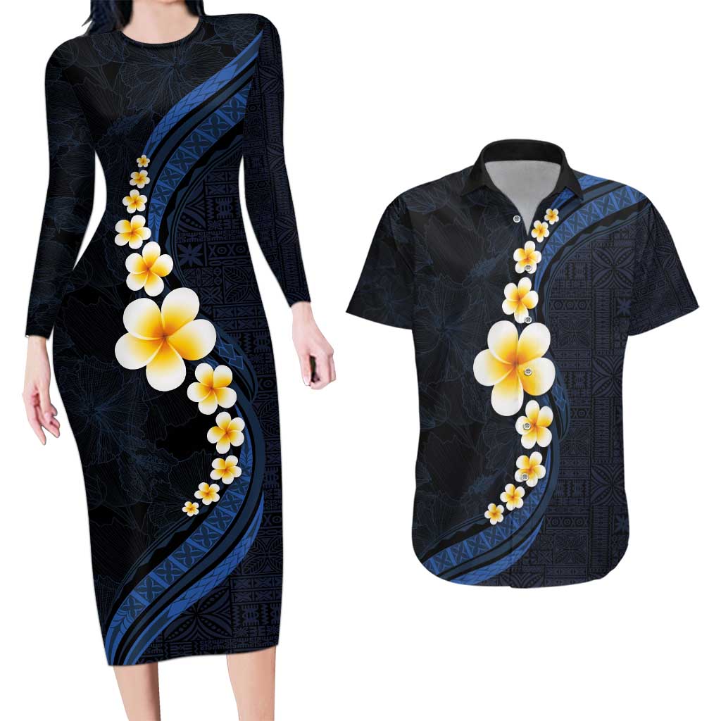 Pacific Hibiscus and Plumeria with Tapa Pattern Couples Matching Long Sleeve Bodycon Dress and Hawaiian Shirt Dark Blue Color LT03 Blue - Polynesian Pride