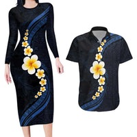 Pacific Hibiscus and Plumeria with Tapa Pattern Couples Matching Long Sleeve Bodycon Dress and Hawaiian Shirt Dark Blue Color LT03 Blue - Polynesian Pride