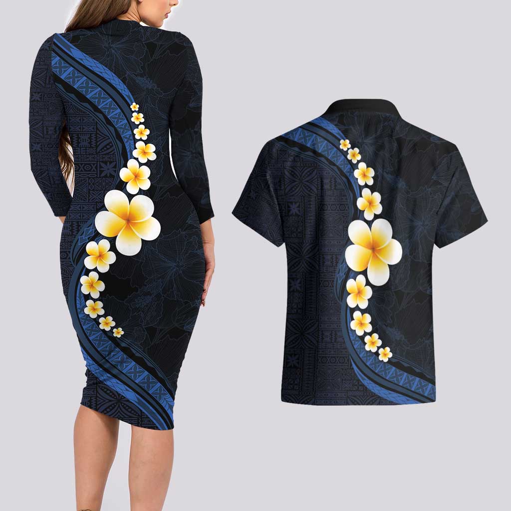 Pacific Hibiscus and Plumeria with Tapa Pattern Couples Matching Long Sleeve Bodycon Dress and Hawaiian Shirt Dark Blue Color LT03 - Polynesian Pride