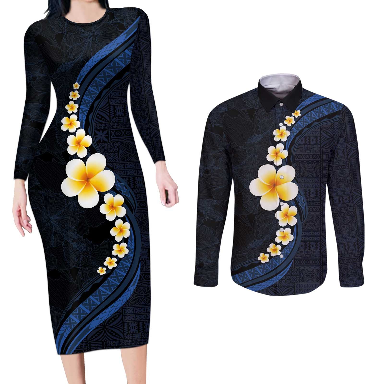 Pacific Hibiscus and Plumeria with Tapa Pattern Couples Matching Long Sleeve Bodycon Dress and Long Sleeve Button Shirt Dark Blue Color