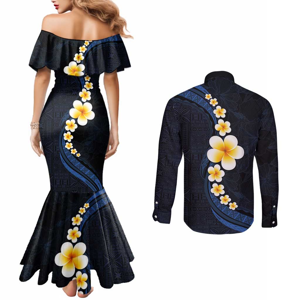 Pacific Hibiscus and Plumeria with Tapa Pattern Couples Matching Mermaid Dress and Long Sleeve Button Shirt Dark Blue Color LT03 - Polynesian Pride