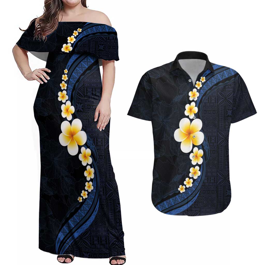 Pacific Hibiscus and Plumeria with Tapa Pattern Couples Matching Off Shoulder Maxi Dress and Hawaiian Shirt Dark Blue Color LT03 Blue - Polynesian Pride