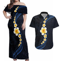 Pacific Hibiscus and Plumeria with Tapa Pattern Couples Matching Off Shoulder Maxi Dress and Hawaiian Shirt Dark Blue Color LT03 Blue - Polynesian Pride
