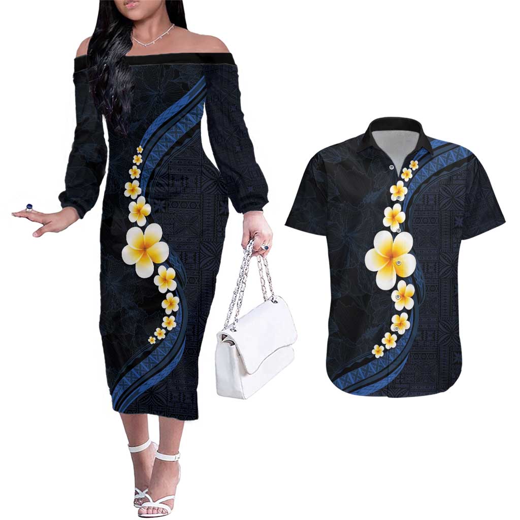 Pacific Hibiscus and Plumeria with Tapa Pattern Couples Matching Off The Shoulder Long Sleeve Dress and Hawaiian Shirt Dark Blue Color LT03 Blue - Polynesian Pride