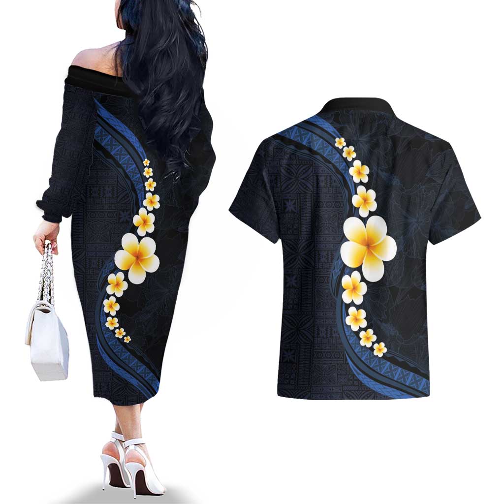 Pacific Hibiscus and Plumeria with Tapa Pattern Couples Matching Off The Shoulder Long Sleeve Dress and Hawaiian Shirt Dark Blue Color LT03 - Polynesian Pride
