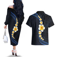 Pacific Hibiscus and Plumeria with Tapa Pattern Couples Matching Off The Shoulder Long Sleeve Dress and Hawaiian Shirt Dark Blue Color LT03 - Polynesian Pride