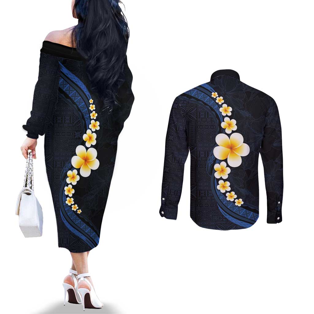 Pacific Hibiscus and Plumeria with Tapa Pattern Couples Matching Off The Shoulder Long Sleeve Dress and Long Sleeve Button Shirt Dark Blue Color LT03 - Polynesian Pride