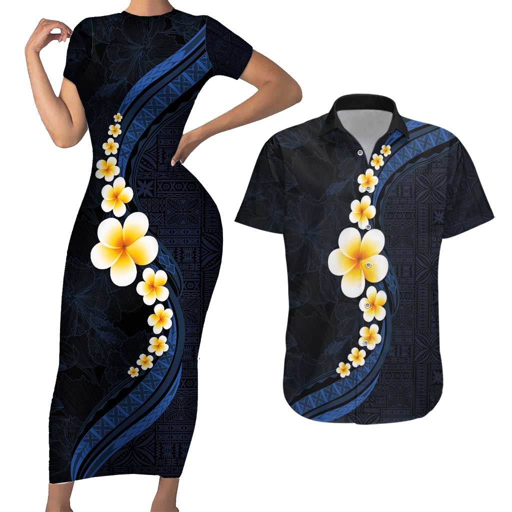 Pacific Hibiscus and Plumeria with Tapa Pattern Couples Matching Short Sleeve Bodycon Dress and Hawaiian Shirt Dark Blue Color LT03 Blue - Polynesian Pride