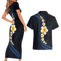 Pacific Hibiscus and Plumeria with Tapa Pattern Couples Matching Short Sleeve Bodycon Dress and Hawaiian Shirt Dark Blue Color LT03 - Polynesian Pride
