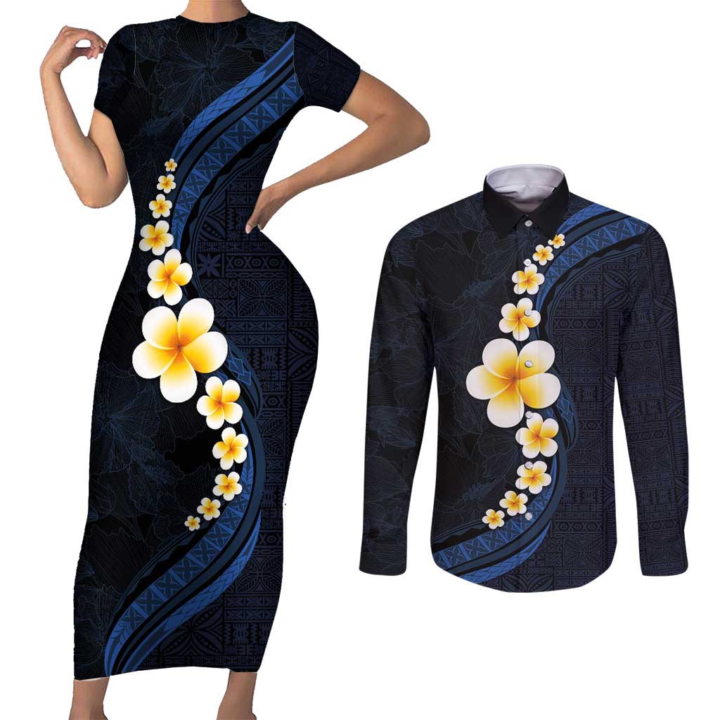 Pacific Hibiscus and Plumeria with Tapa Pattern Couples Matching Short Sleeve Bodycon Dress and Long Sleeve Button Shirt Dark Blue Color LT03 Blue - Polynesian Pride