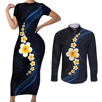 Pacific Hibiscus and Plumeria with Tapa Pattern Couples Matching Short Sleeve Bodycon Dress and Long Sleeve Button Shirt Dark Blue Color LT03 Blue - Polynesian Pride