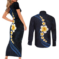 Pacific Hibiscus and Plumeria with Tapa Pattern Couples Matching Short Sleeve Bodycon Dress and Long Sleeve Button Shirt Dark Blue Color LT03 - Polynesian Pride