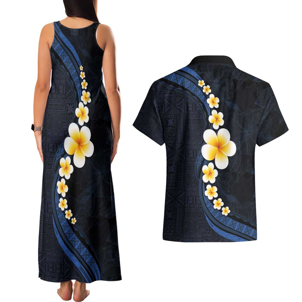 Pacific Hibiscus and Plumeria with Tapa Pattern Couples Matching Tank Maxi Dress and Hawaiian Shirt Dark Blue Color LT03 - Polynesian Pride
