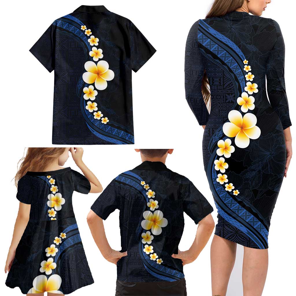 Pacific Hibiscus and Plumeria with Tapa Pattern Family Matching Long Sleeve Bodycon Dress and Hawaiian Shirt Dark Blue Color LT03 - Polynesian Pride