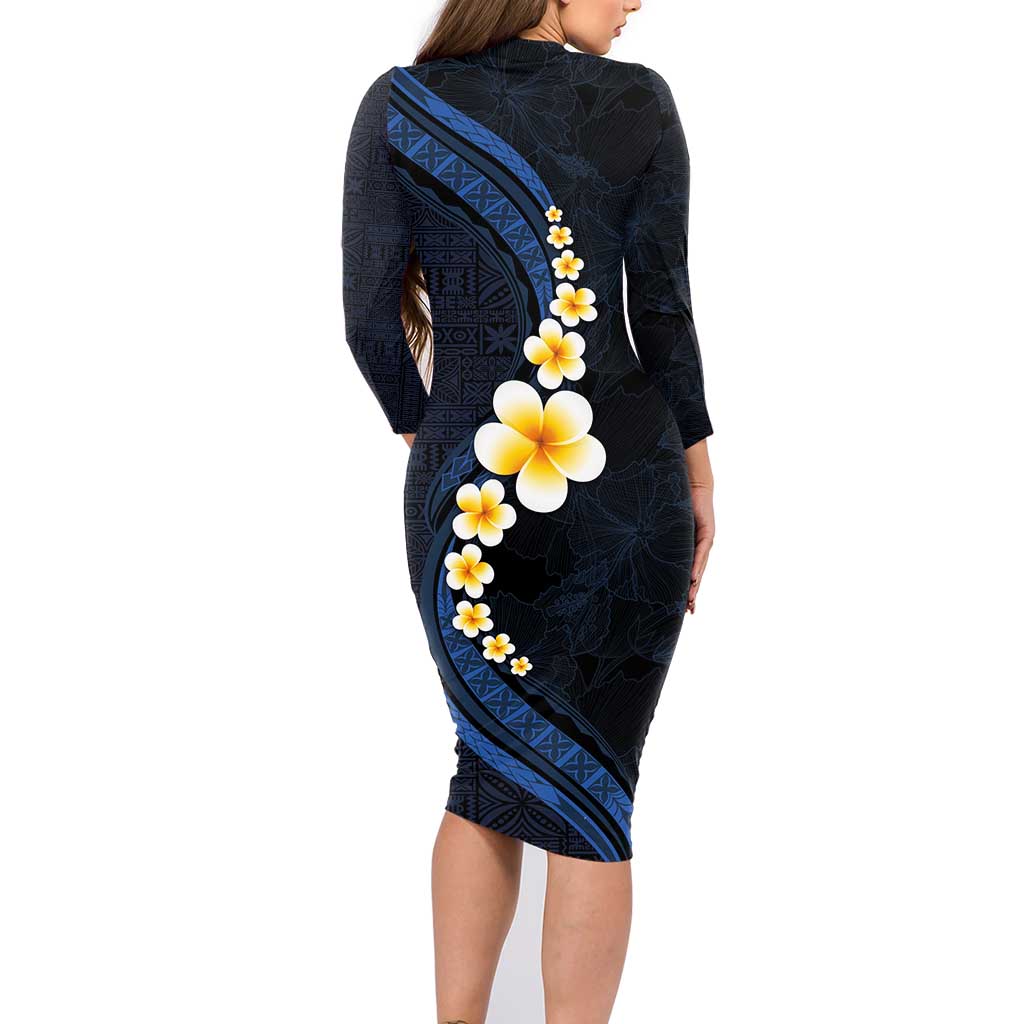 Pacific Hibiscus and Plumeria with Tapa Pattern Family Matching Long Sleeve Bodycon Dress and Hawaiian Shirt Dark Blue Color LT03 - Polynesian Pride