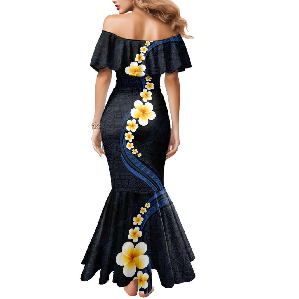 Pacific Hibiscus and Plumeria with Tapa Pattern Family Matching Mermaid Dress and Hawaiian Shirt Dark Blue Color LT03 - Polynesian Pride