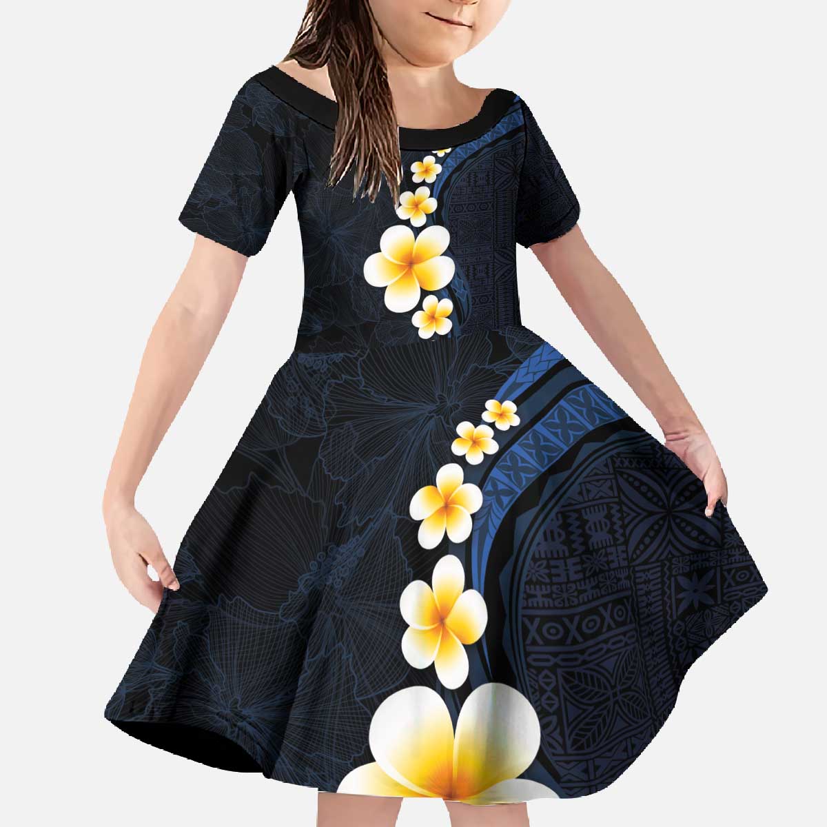 Pacific Hibiscus and Plumeria with Tapa Pattern Family Matching Off The Shoulder Long Sleeve Dress and Hawaiian Shirt Dark Blue Color LT03 Daughter's Dress Blue - Polynesian Pride
