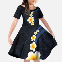 Pacific Hibiscus and Plumeria with Tapa Pattern Family Matching Off The Shoulder Long Sleeve Dress and Hawaiian Shirt Dark Blue Color LT03 Daughter's Dress Blue - Polynesian Pride