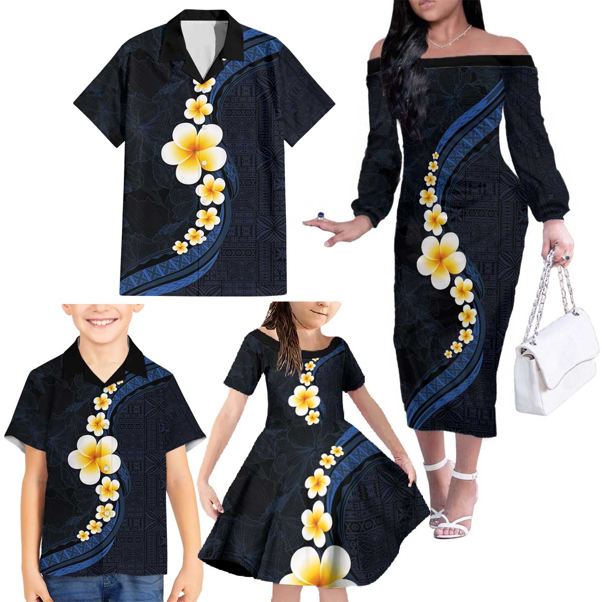 Pacific Hibiscus and Plumeria with Tapa Pattern Family Matching Off The Shoulder Long Sleeve Dress and Hawaiian Shirt Dark Blue Color LT03 - Polynesian Pride