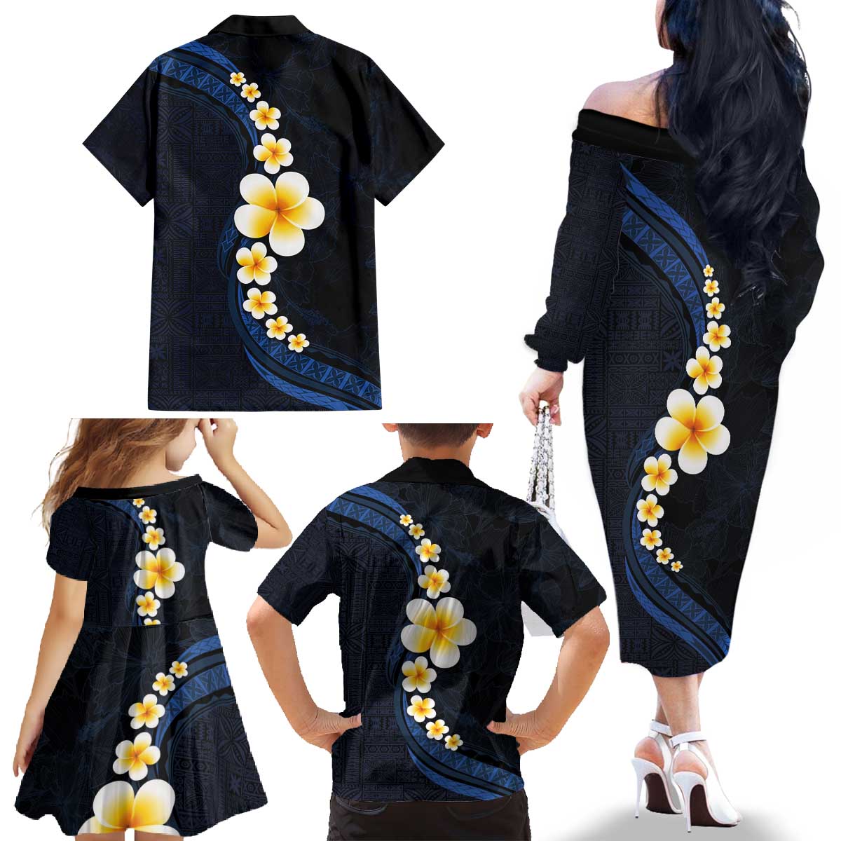 Pacific Hibiscus and Plumeria with Tapa Pattern Family Matching Off The Shoulder Long Sleeve Dress and Hawaiian Shirt Dark Blue Color LT03 - Polynesian Pride
