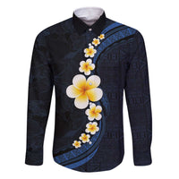 Pacific Hibiscus and Plumeria with Tapa Pattern Family Matching Off The Shoulder Long Sleeve Dress and Hawaiian Shirt Dark Blue Color LT03 Dad's Shirt - Long Sleeve Blue - Polynesian Pride