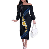Pacific Hibiscus and Plumeria with Tapa Pattern Family Matching Off The Shoulder Long Sleeve Dress and Hawaiian Shirt Dark Blue Color LT03 Mom's Dress Blue - Polynesian Pride
