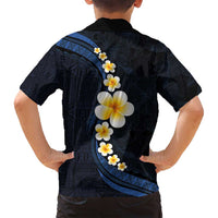 Pacific Hibiscus and Plumeria with Tapa Pattern Family Matching Off Shoulder Maxi Dress and Hawaiian Shirt Dark Blue Color LT03 - Polynesian Pride