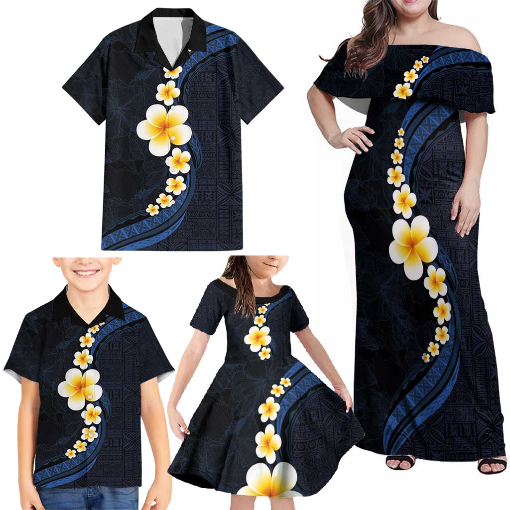 Pacific Hibiscus and Plumeria with Tapa Pattern Family Matching Off Shoulder Maxi Dress and Hawaiian Shirt Dark Blue Color LT03 - Polynesian Pride