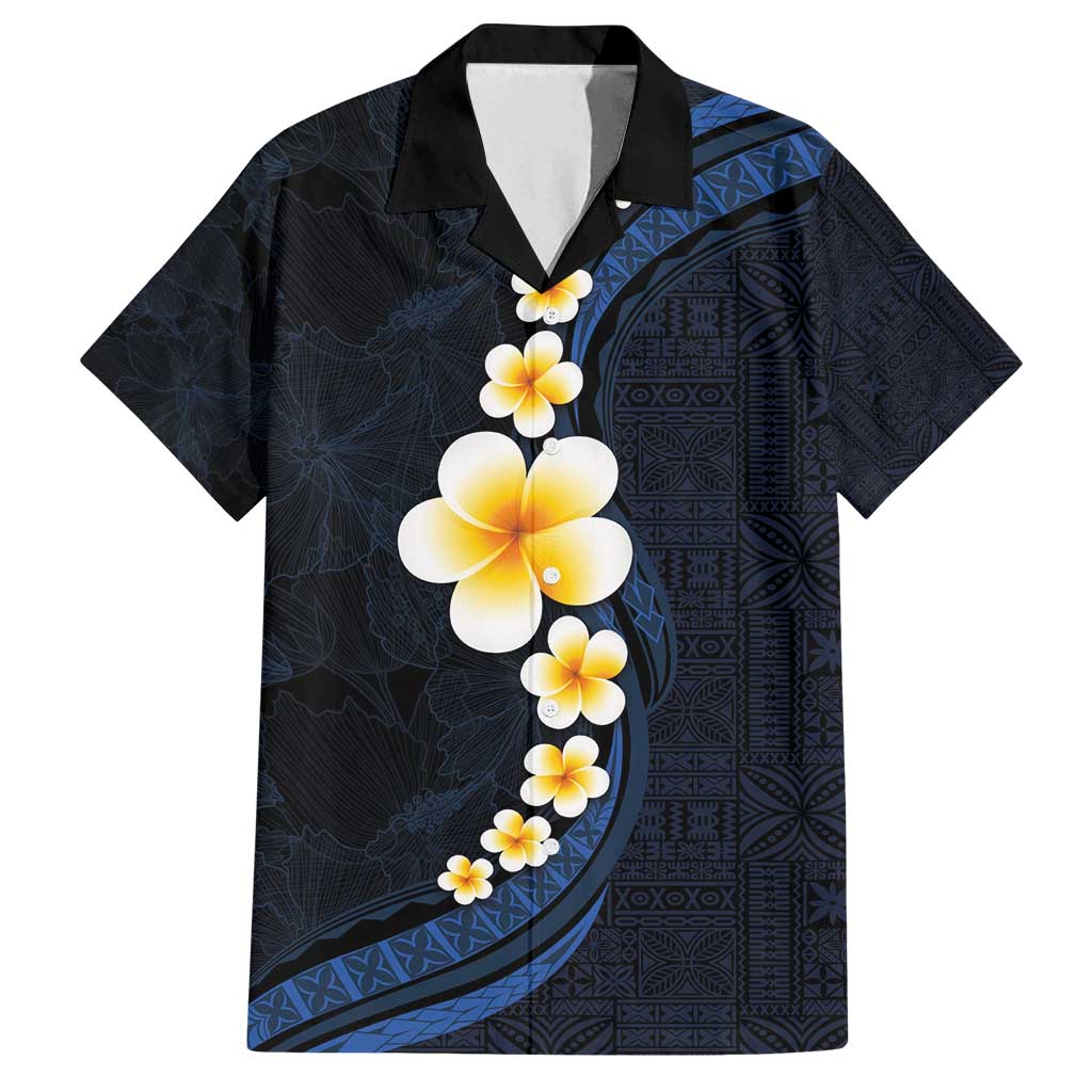 Pacific Hibiscus and Plumeria with Tapa Pattern Family Matching Off Shoulder Maxi Dress and Hawaiian Shirt Dark Blue Color LT03 Dad's Shirt - Short Sleeve Blue - Polynesian Pride